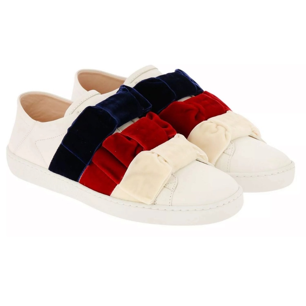 Gucci Leather Red/White/Blue Velvet-Bow Detailed Sneakers 39-1/2